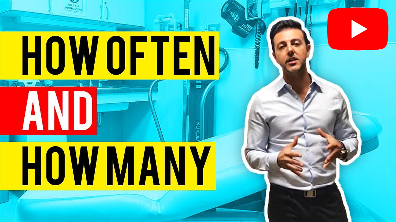 A man stands in front of a medical exam room backdrop with bold text reading "HOW OFTEN AND HOW MANY" and a red YouTube play button in the top right corner.