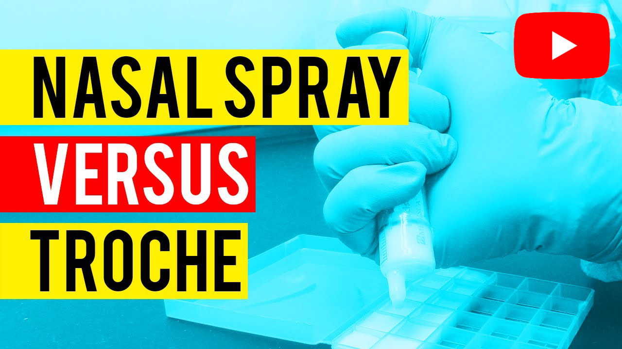 A gloved hand holds a nasal spray bottle above a tray; bold yellow and red text reads "Nasal Spray Versus Troche" with a YouTube logo in the corner.