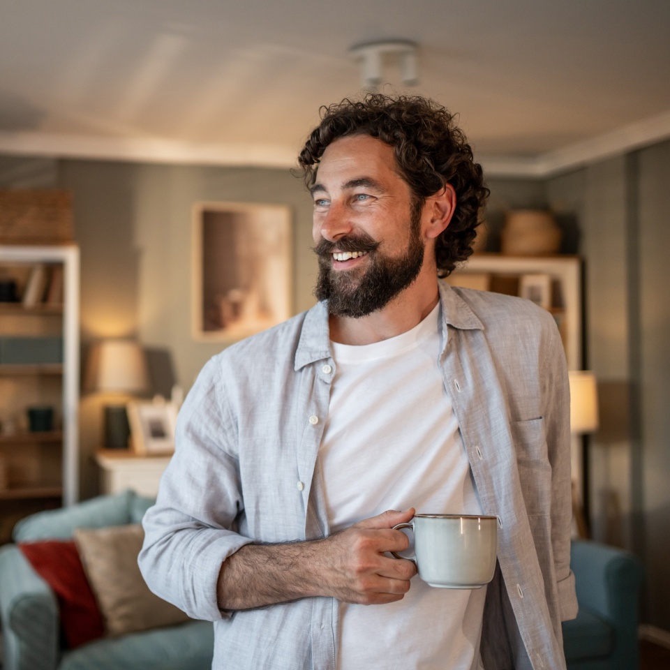 Happy man with beard and curly hair holding a mug and smiling while enjoying a relaxing moment drinking coffee in the cozy atmosphere of his modern, stylish home
