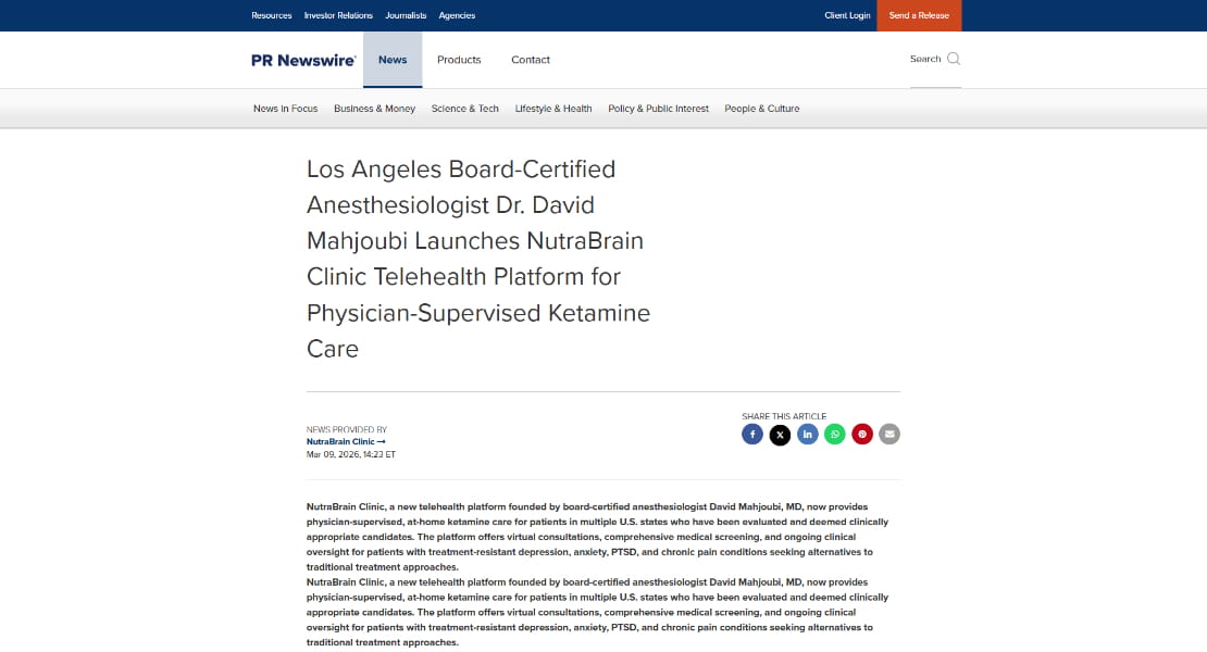 Screenshot of the article titled: Los Angeles Board-Certified Anesthesiologist Dr. David Mahjoubi Launches NutraBrain Clinic Telehealth Platform for Physician-Supervised Ketamine Care
