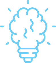 A blue line drawing of a brain shaped like a lightbulb, with rays emanating outward, symbolizing creativity or an idea.