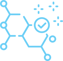 Blue line drawing of a chemical structure with a check mark and decorative sparkles, suggesting chemical approval or certification.