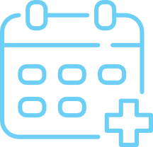 Simple blue line icon of a calendar with a plus sign in the lower right corner on a light background.