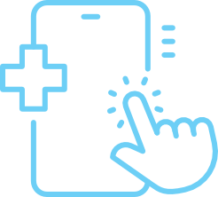 Blue outline of a smartphone with a medical cross and a hand icon tapping the screen, representing digital health or mobile healthcare services.