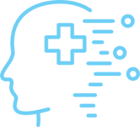 Outline of a human head with a medical cross in the center and lines suggesting motion, symbolizing mental health or healthcare innovation.
