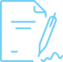 Blue outline icon of a sheet of paper with lines, accompanied by a pen signing at the bottom right corner.