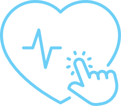 Blue outline of a heart with an EKG line inside and a hand icon with an extended finger touching or pressing near the center.