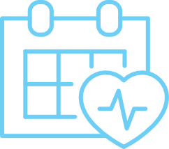 Outline of a calendar with a heart and a heartbeat line in front, symbolizing scheduling or tracking health-related events or appointments.
