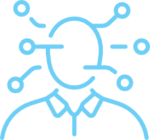 Blue outline of a person with lines and circles extending from the head, representing connections or network, on a light background.