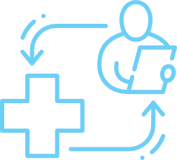 Blue outline icon showing a person holding a clipboard, arrows, and a medical cross, representing healthcare or medical consultation.