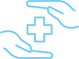 Two blue outlined hands surround a medical cross symbol, suggesting protection or healthcare support on a light background.