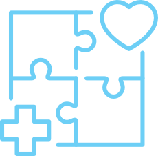Blue outline of four puzzle pieces, with one shaped like a heart and another shaped like a medical cross, on a light background.