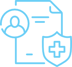 Blue line illustration of a document, a user profile icon, and a shield with a medical cross, representing healthcare or medical insurance.