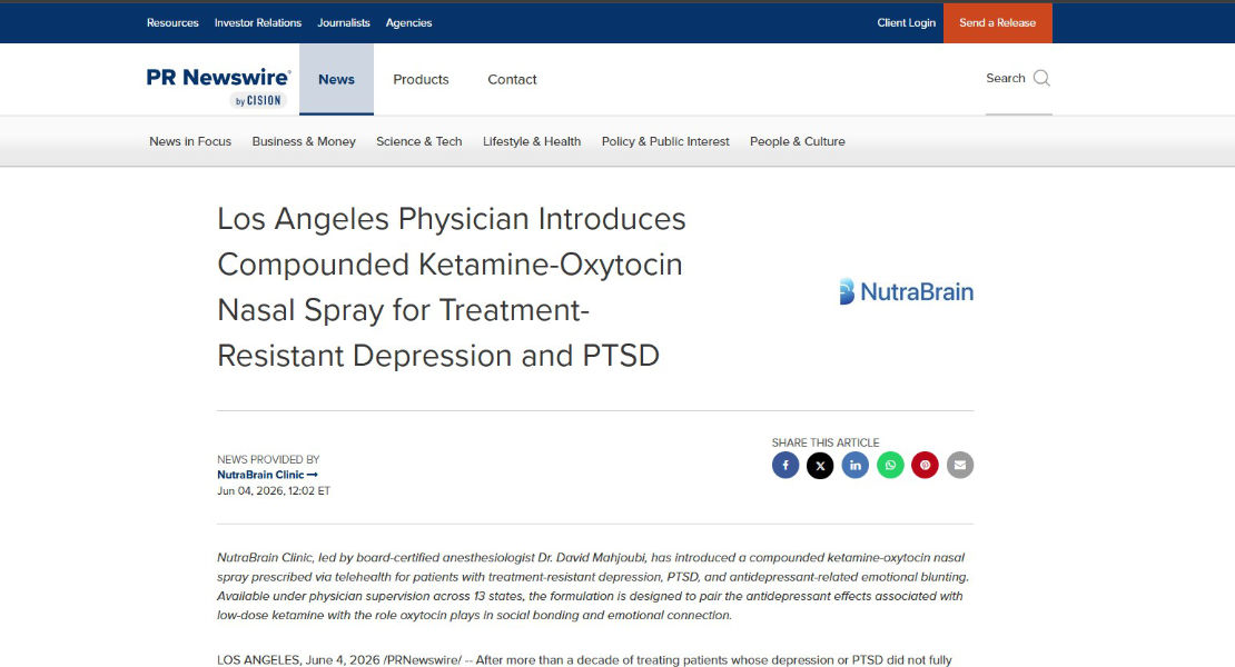 Screenshot of the article titled: Los Angeles Physician Introduces Compounded Ketamine-Oxytocin Nasal Spray for Treatment-Resistant Depression and PTSD